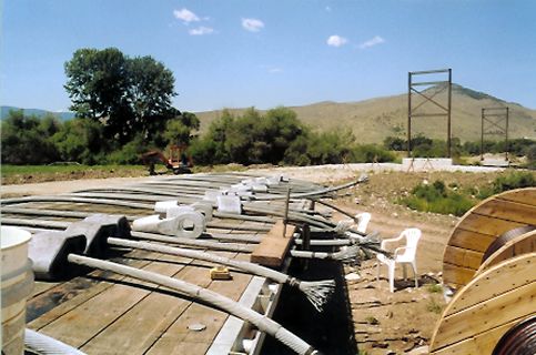 Broomed stay cables with Meriwether Towers in background.