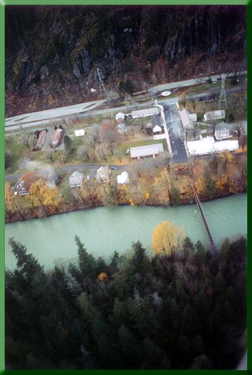 Skagit River, Gorge Inn Suspension Bridge and the village of Newhalem, WA from the air.