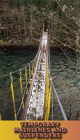View of stabilized bridge from the tower top.  Note pinch at chord buckles near midspan.