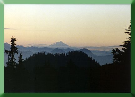 The view south from base camp, Glacier Peak in the distance.