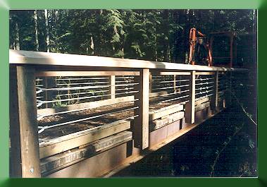 Collin Creek Bridge:  Steel superstructure with concrete panel deck and cable railing system at Redmond Watershed Preserve, WA.
