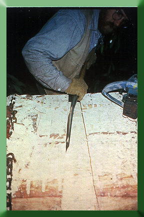 Carroll Vogel using slick to clean dovetail mortise at Mt. Rogers NRA, 1988.