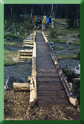 Carroll Vogel and crew after finishing Polecat Creek Bridge, Yellowstone National Park, WY, 1985.  This bridge subsequently burned up in Yellowstone fires in 1989.