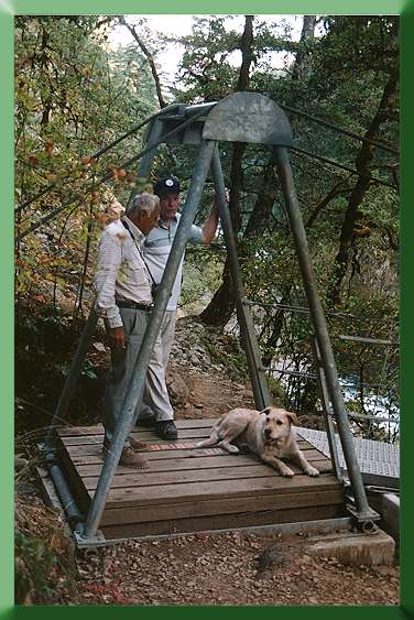 Wind River Bridge in 1999, with Engineer Al Highberger (center), brother-in-law Keith Mees, and Filson.